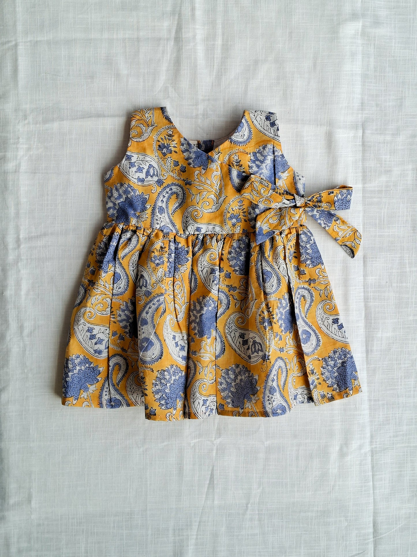 Yellow Paisley Angarakha With Side Bow HandBlock Print Mul Mul Cotton Frock