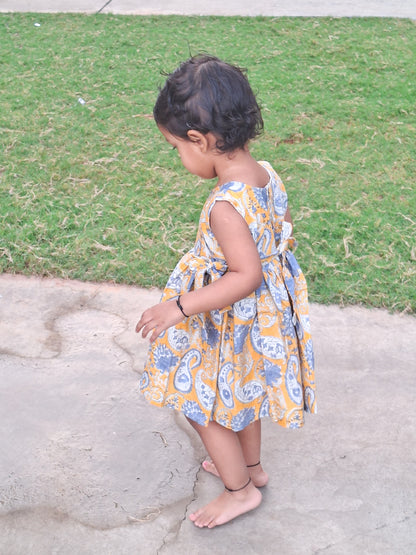 Yellow Paisley Angarakha With Side Bow HandBlock Print Mul Mul Cotton Frock