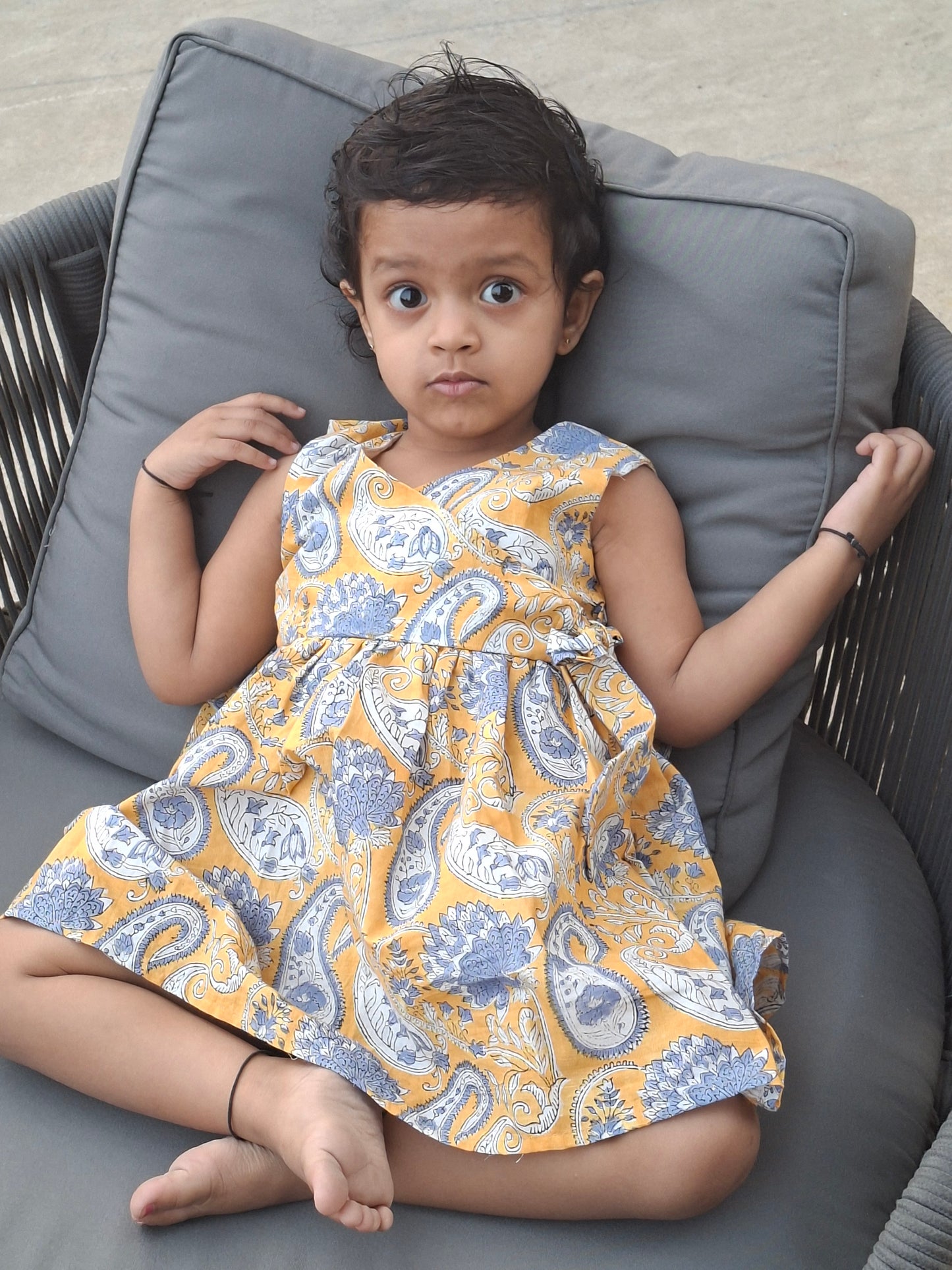 Yellow Paisley Angarakha With Side Bow HandBlock Print Mul Mul Cotton Frock