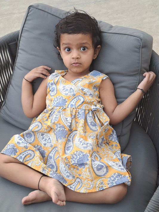 Yellow Paisley Angarakha With Side Bow HandBlock Print Mul Mul Cotton Frock